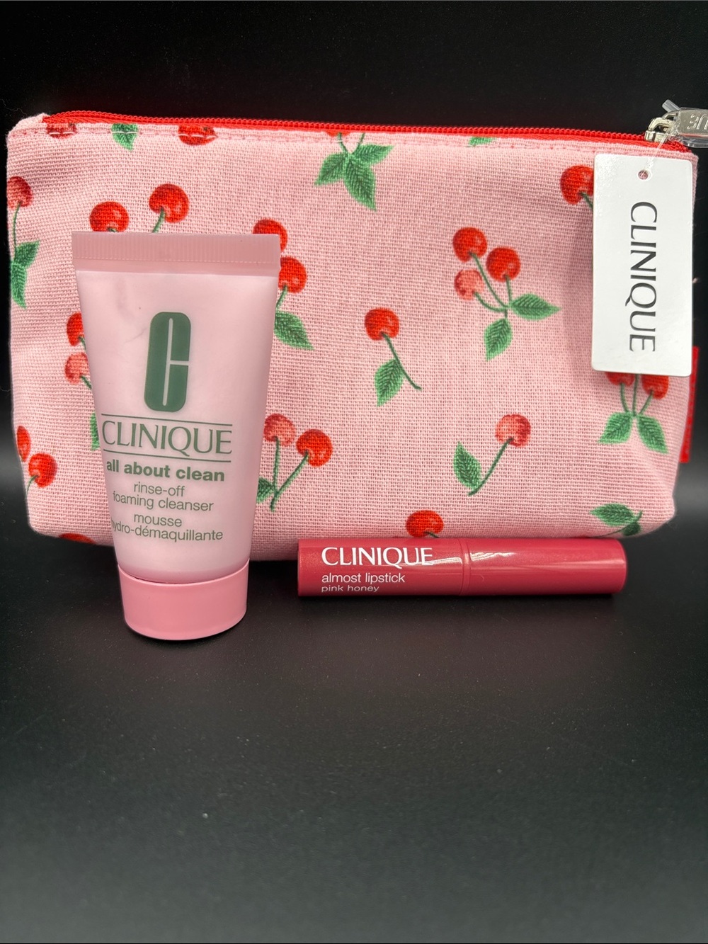 Brand New Clinique Cherry Print Makeup Bag with Two Samples